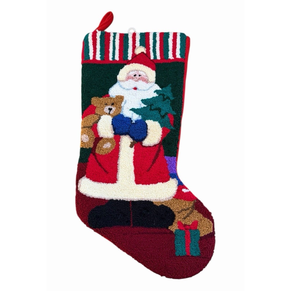 NEW Christmas Stocking Needlepoint Santa Claus Teddy Bear Holiday Mantel Decor‎